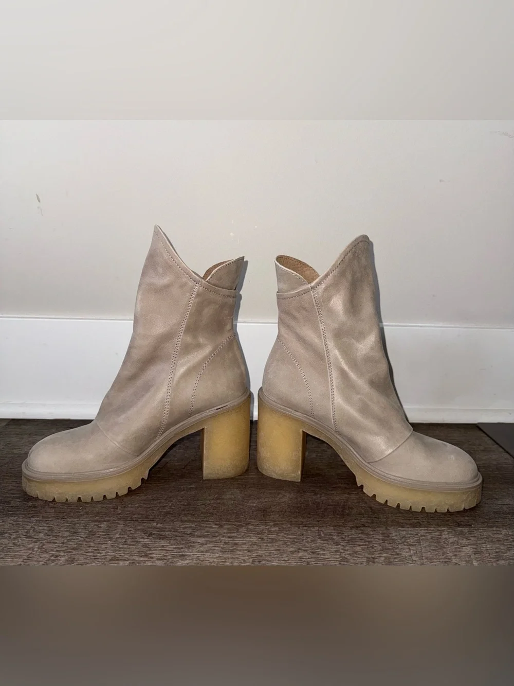 Free People Taupe Leather Zip-Up Chunky Heel Boots